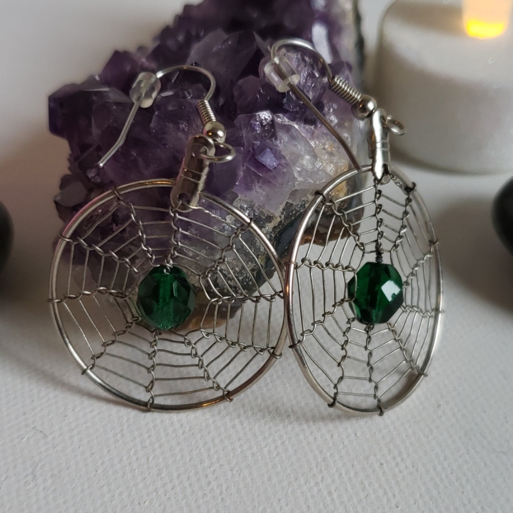 Hoop Dreamcatchers Earrings Emerald Bead Silver Hoop Earrings